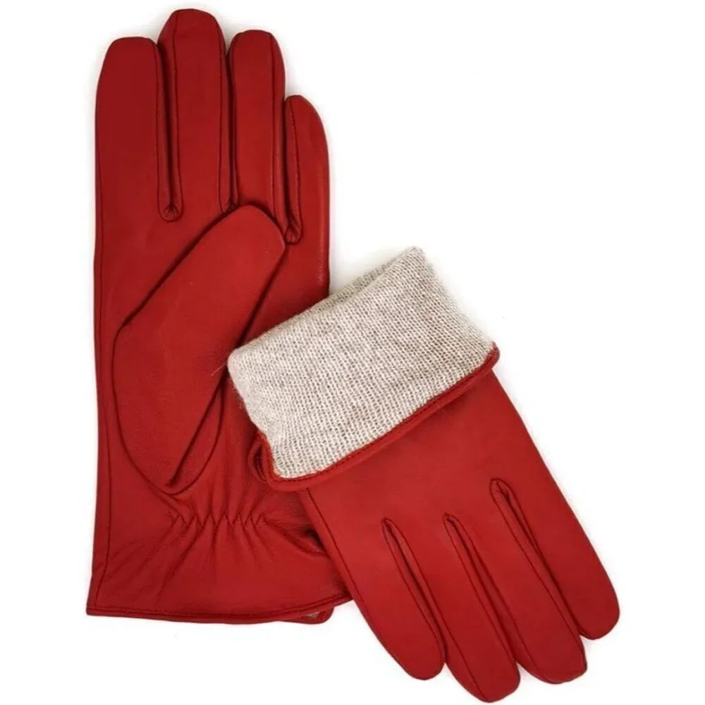 Women’s Leather Gloves Genuine SheepSkin Leather Cold Weather Cashmere Red